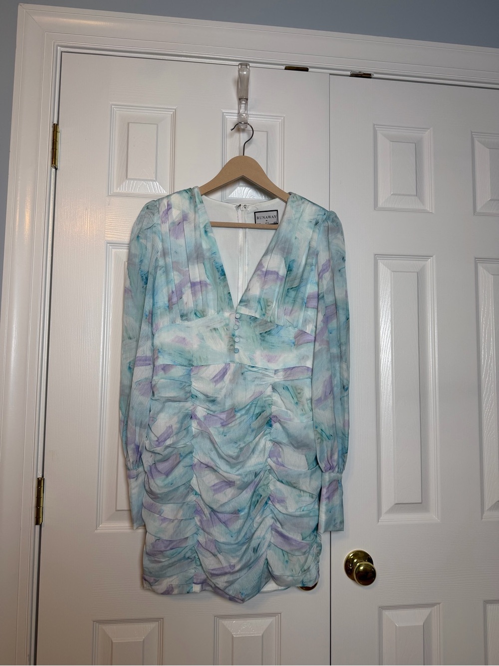Runaway The Label - Ruched Pastel Watercolor Long Sleeve Dress - Blue & Lavender